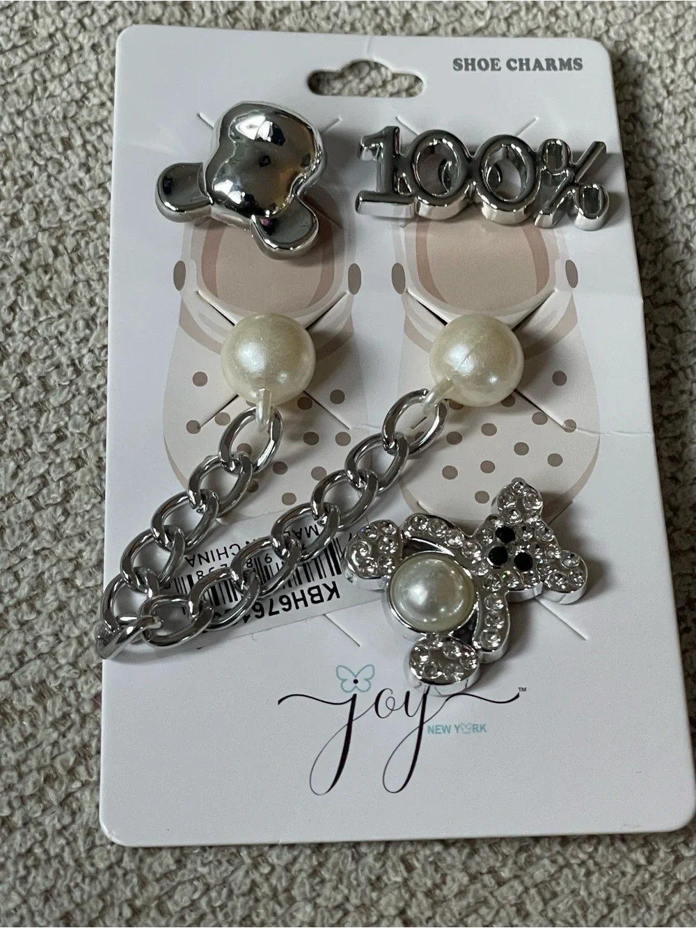Silver Teddy & Pearl Shoe Charms - Silver